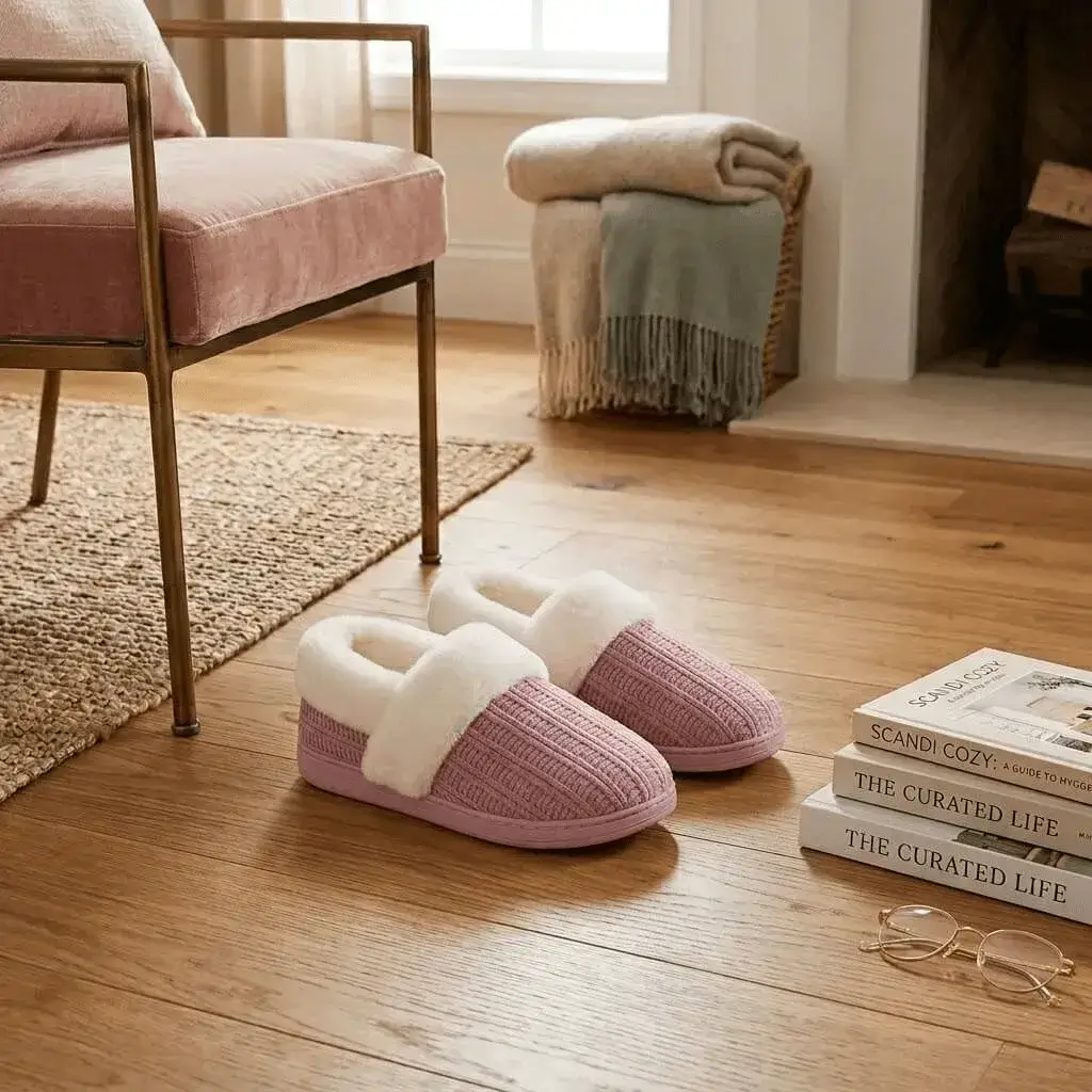 woman relaxing at home wearing chenille knit slippers model ut-ws1007 chenille knit slippers