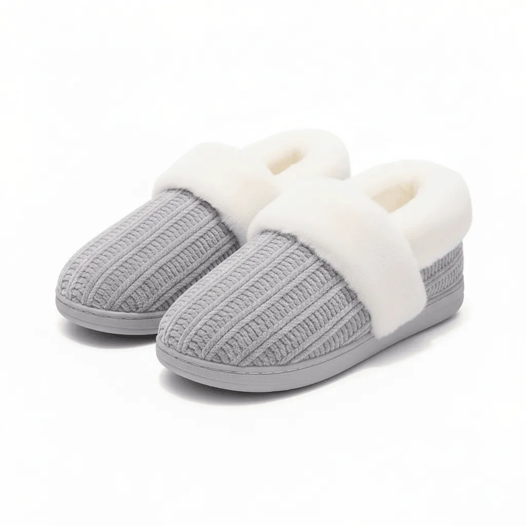 Light Grey Chenille Knit Slippers – UT-WS1007 front view of light grey women’s chenille knit slippers with fur collar chenille knit slippers