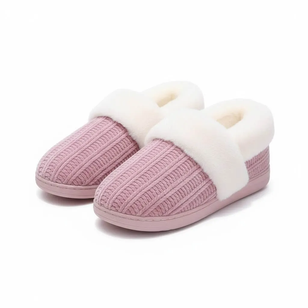 front view of pink women’s chenille knit slippers with fur collar chenille knit slippers