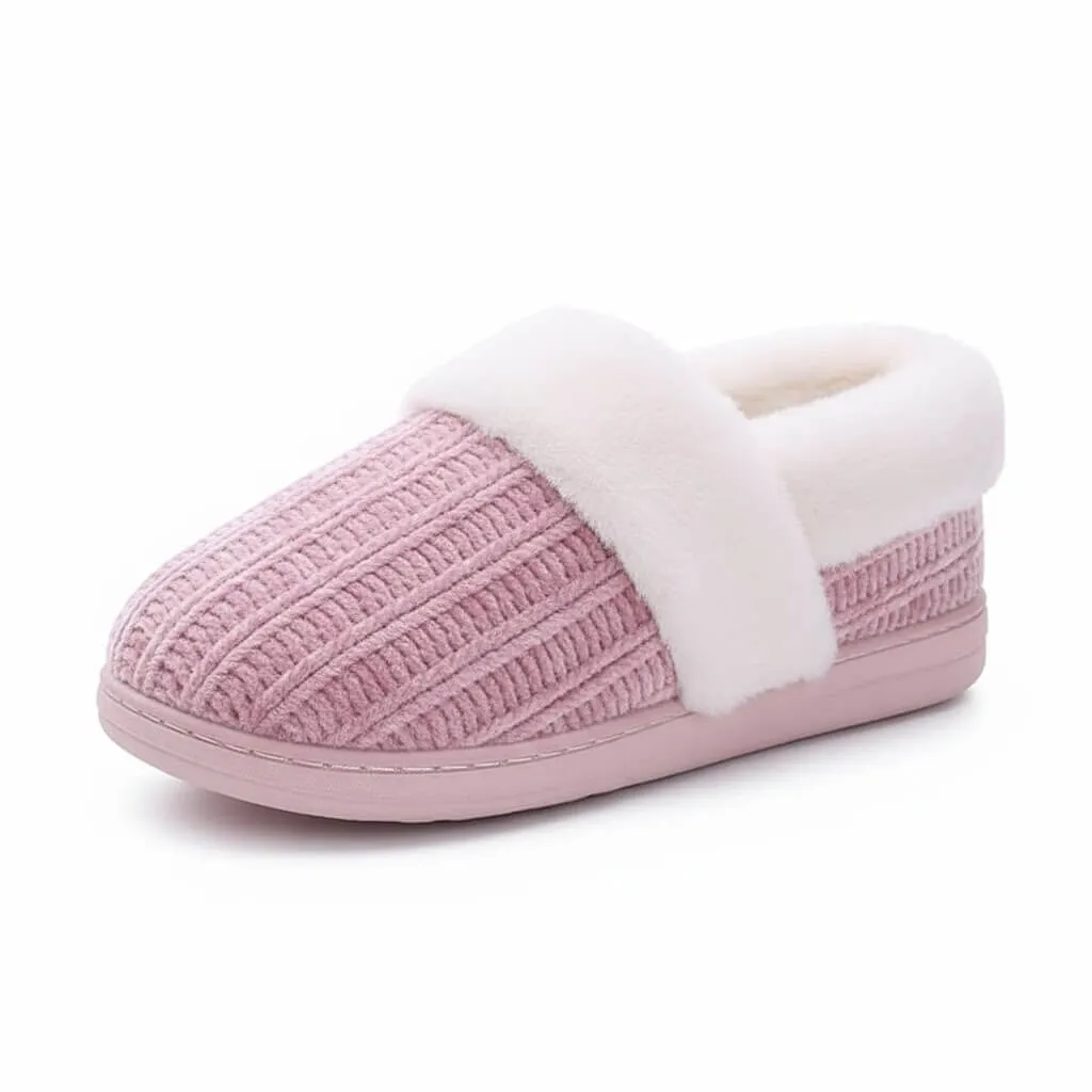 Pink Chenille Slippers Side – UT-WS1007 side view of pink chenille knit house shoes chenille knit slippers