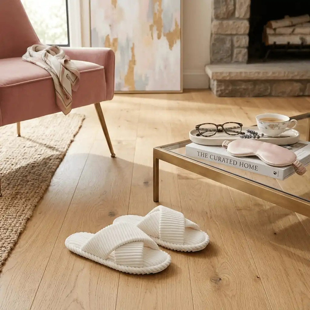 woman relaxing at home wearing cross band plush slippers model ut-ws1008 soft short plush slippers