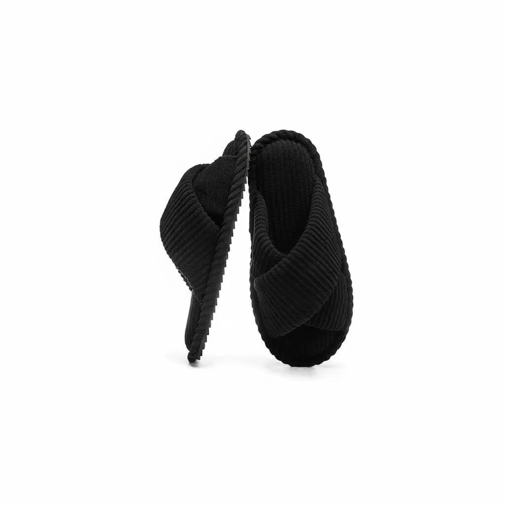 Black Cross Band Slippers Back – UT-WS1008 back view of black cross band plush house shoes soft short plush slippers