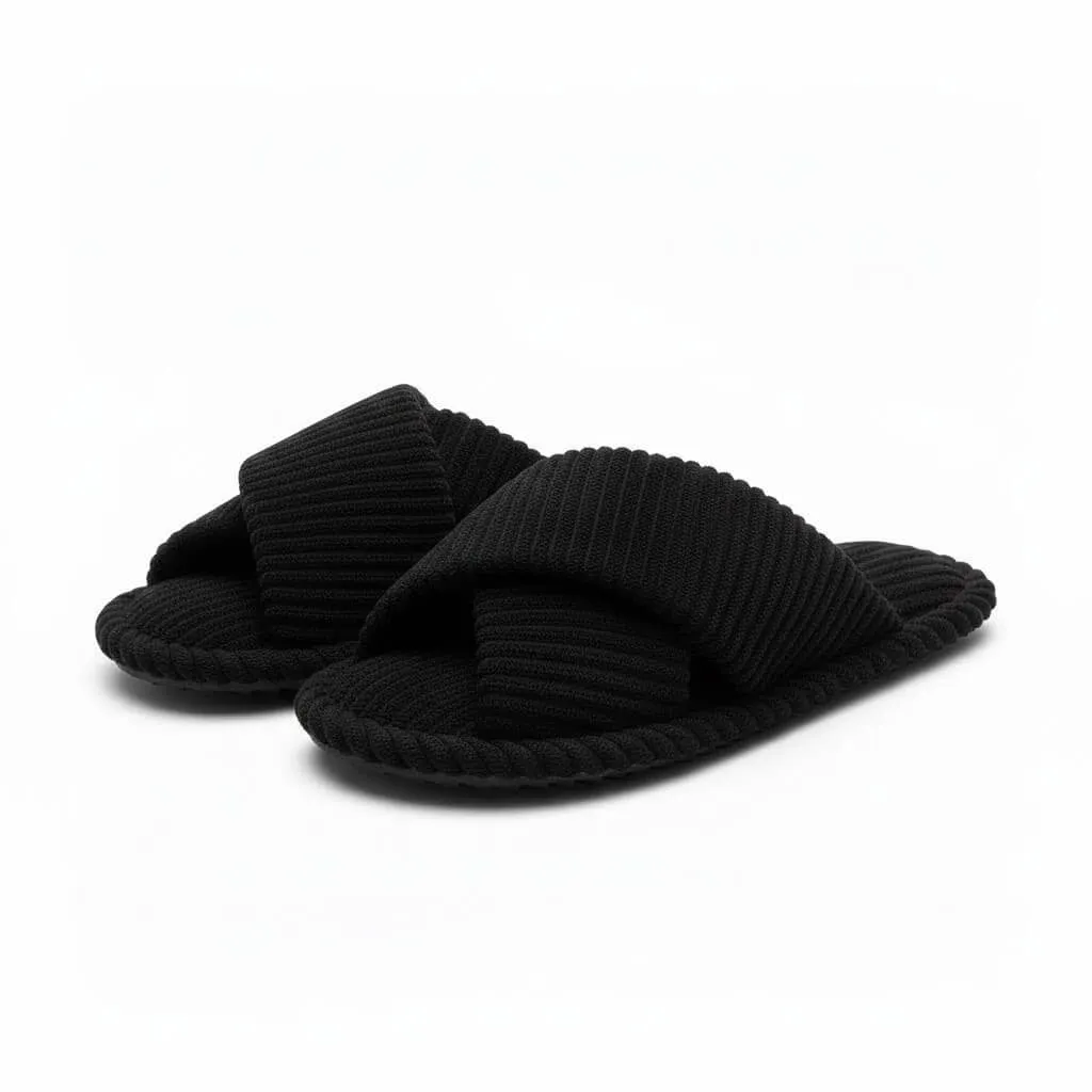 Black Cross Band Plush Slippers – UT-WS1008 front view of black women’s cross band soft short plush slippers model ut-ws1008 soft short plush slippers