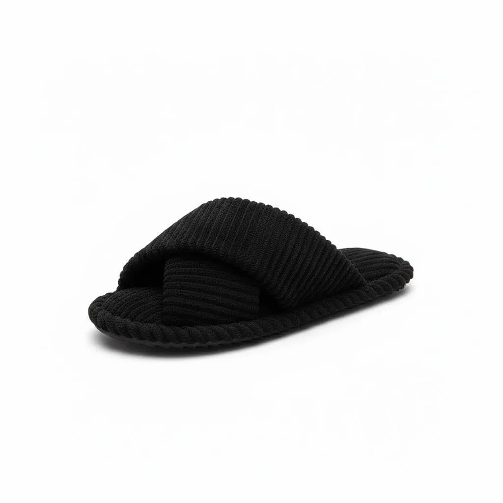 Black Cross Band Slippers Side – UT-WS1008 side view of black cross band indoor slippers soft short plush slippers
