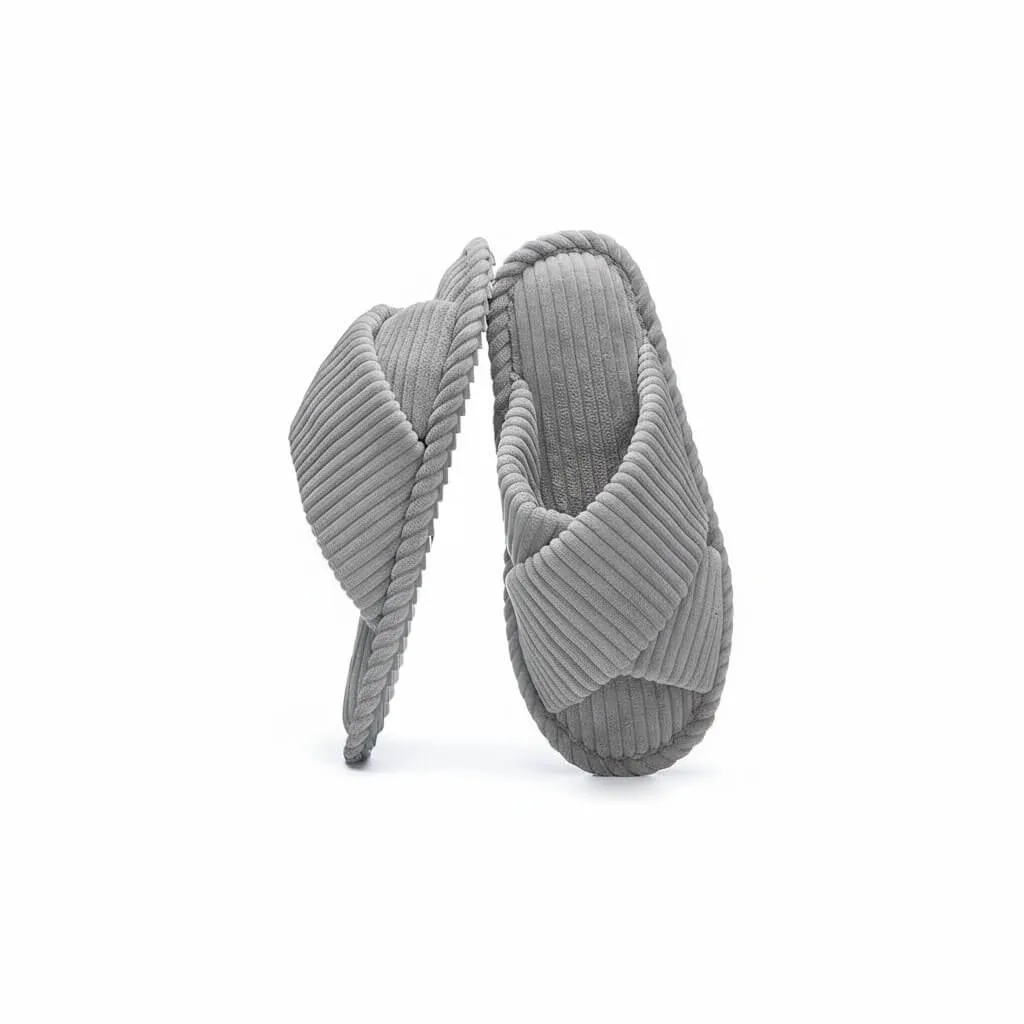 Grey Cross Band Slippers Back – UT-WS1008 back view of grey cross band plush house shoes soft short plush slippers