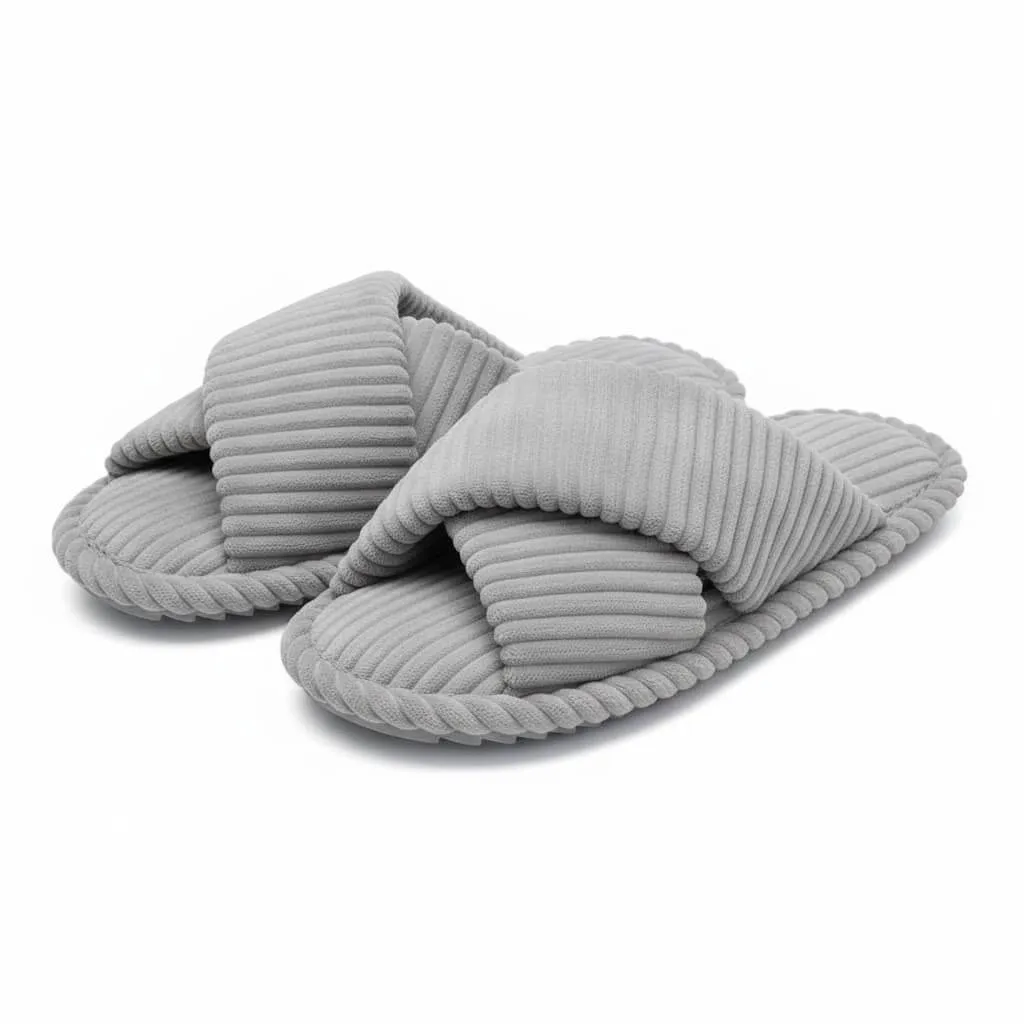 front view of grey women’s cross band soft short plush slippers model ut-ws1008 soft short plush slippers