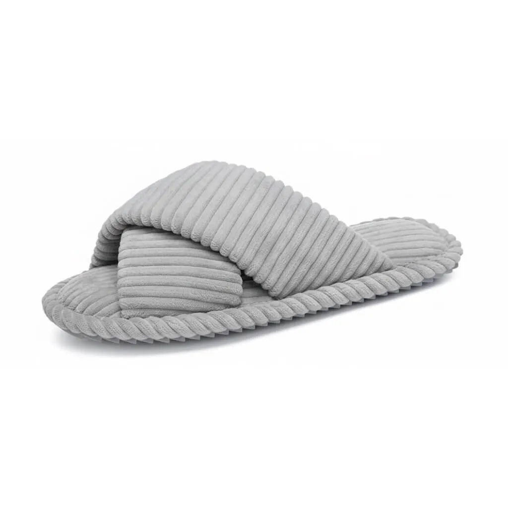 Grey Cross Band Slippers Side – UT-WS1008 side view of grey cross band indoor slippers soft short plush slippers