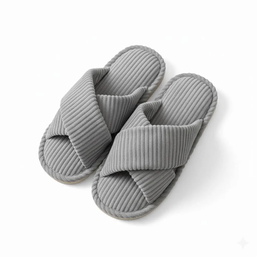 Grey Cross Band Slippers Top – UT-WS1008 top view of grey cross band plush slippers for women soft short plush slippers