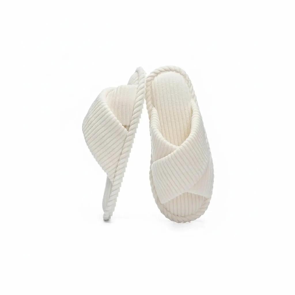 White Cross Band Slippers Back – UT-WS1008 back view of white cross band plush house shoes soft short plush slippers