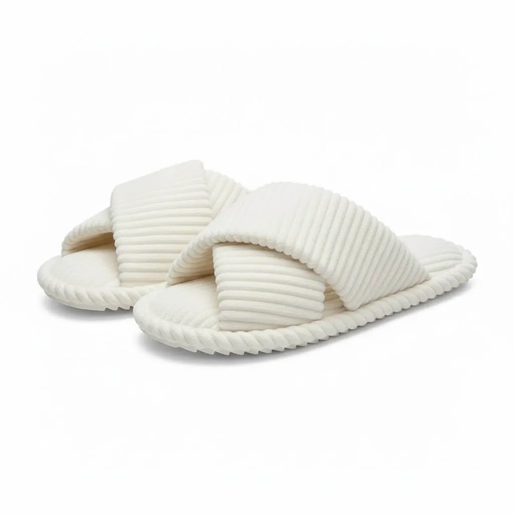 White Cross Band Plush Slippers – UT-WS1008 front view of white women’s cross band soft short plush slippers model ut-ws1008 soft short plush slippers