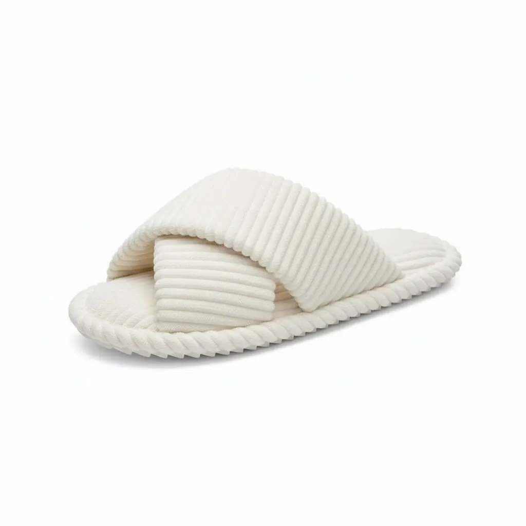 White Cross Band Slippers Side – UT-WS1008 side view of white cross band indoor slippers soft short plush slippers
