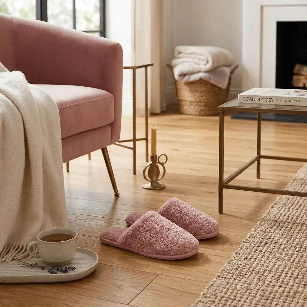 UT-WS1009 Pink Teddy Plush Slippers Indoor Scene