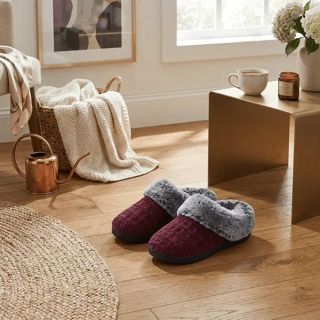 woman wearing chenille house shoes in bedroom moccasin clog slippers