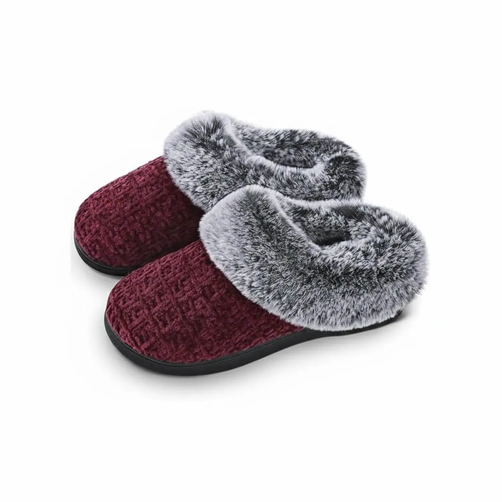 front view of burgundy chenille open back house shoes moccasin clog slippers model ut-ws1010