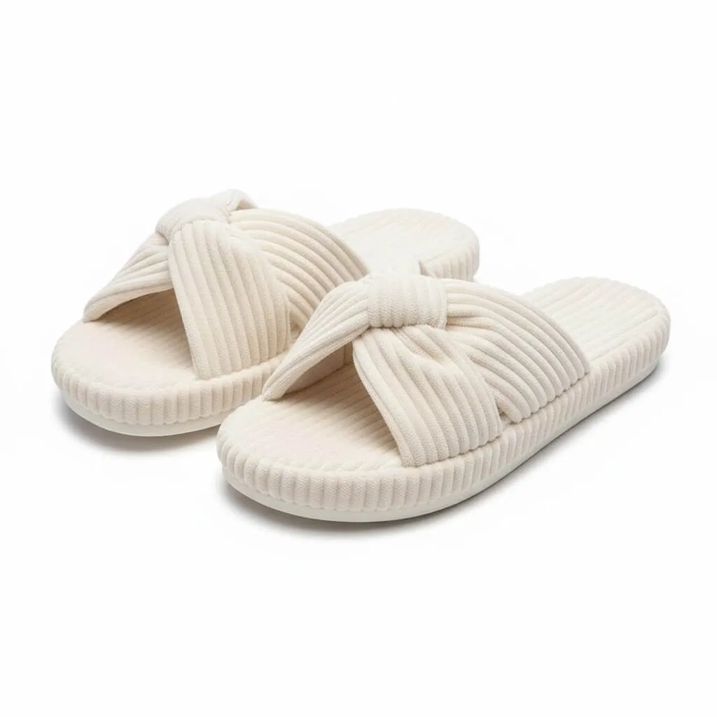front view of beige open toe house shoes Corduroy Bow Slippers model ut-ws1012