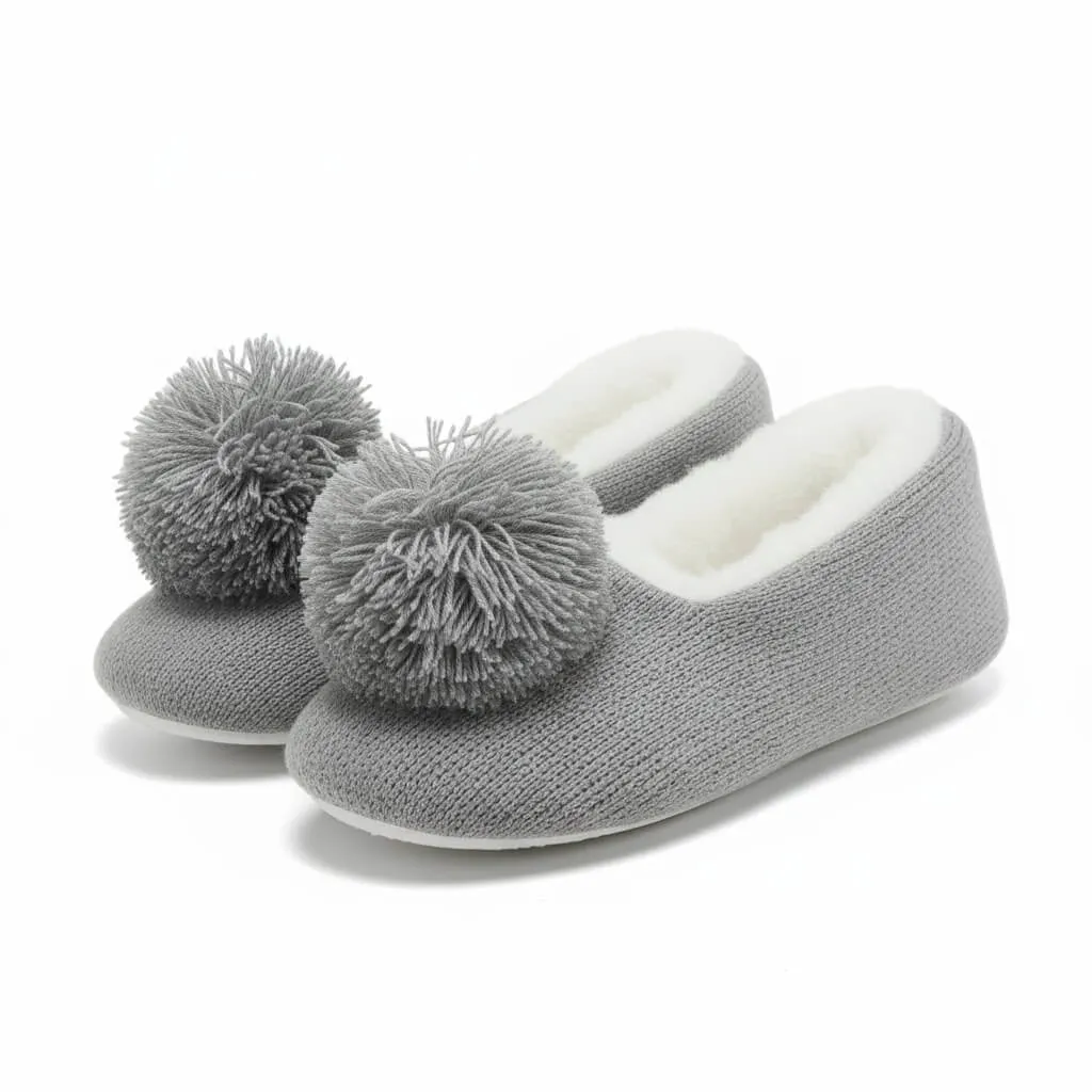 front view of grey knit house shoes Knit Ballerina Slippers model ut-ws1013