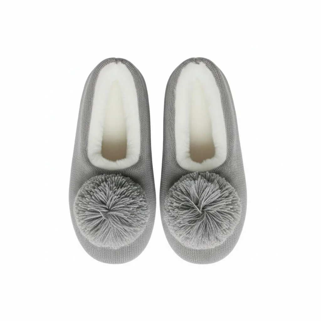 Grey Knit Ballerina Slippers Top – UT-WS1013 top view showing pom pom detail Knit Ballerina Slippers