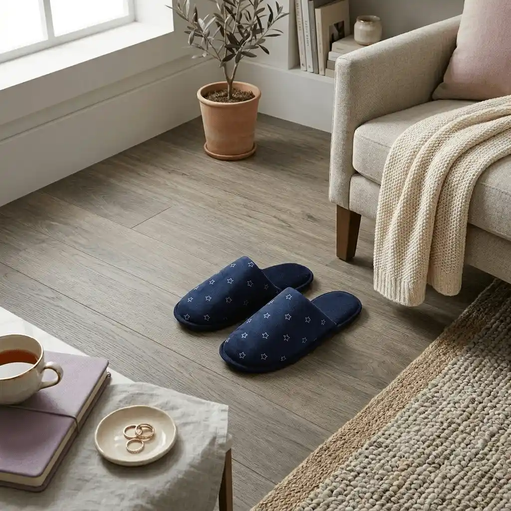 woman wearing navy faux suede slippers indoors Navy Star Slipper Mules