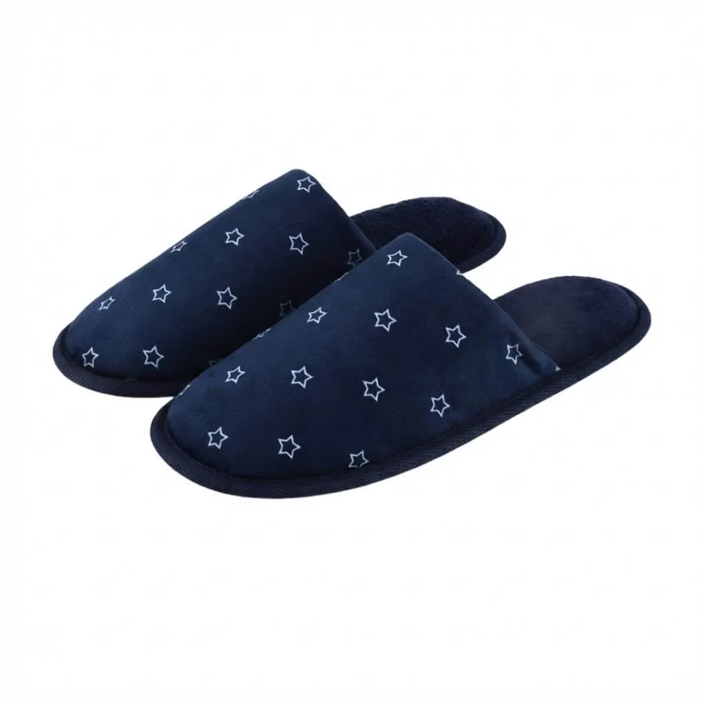 front view of navy faux suede house shoes Navy Star Slipper Mules model ut-ws1019