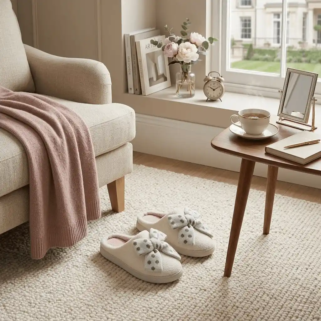 woman wearing beige slippers in cozy bedroom Sherpa Fleece Slippers