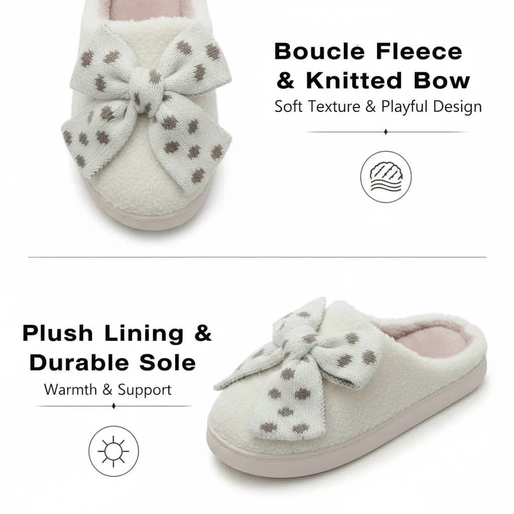 UT-WS1021 Beige Sherpa Fleece Slippers with Bow