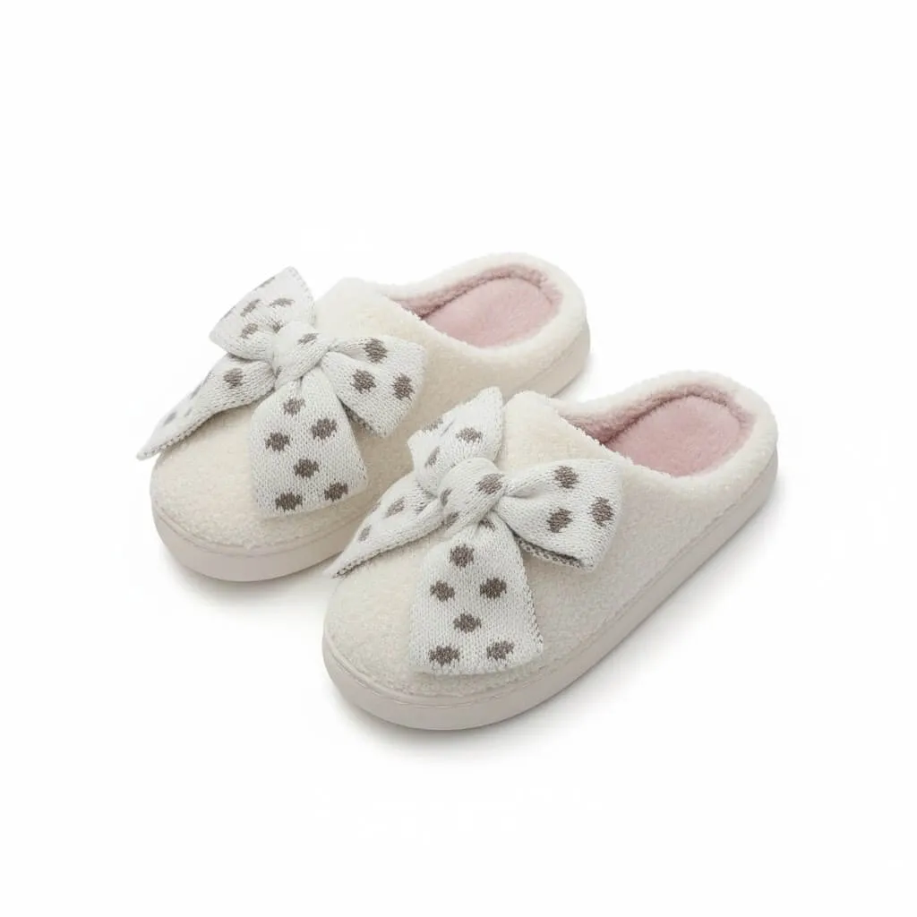 Wholesale Sherpa Fleece Slippers with Polka Dot Bow