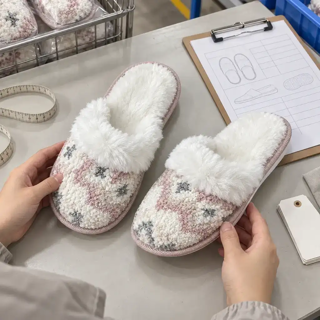 Welt-stitched slipper quality control checking stitch consistency, edge alignment, and left-right pairing