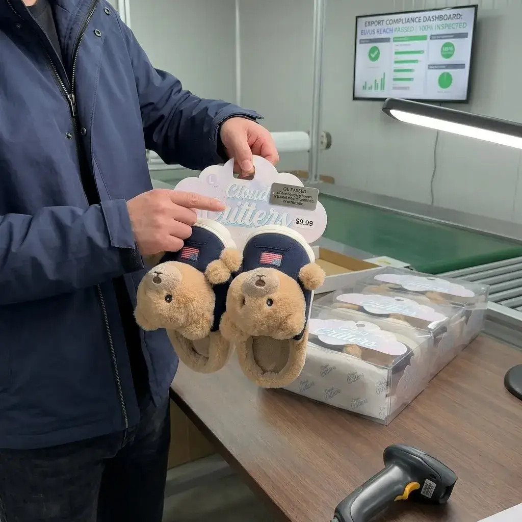 Strict quality control inspection for plush bear slippers before export, showing retail packaging and compliance labels for European and US markets.