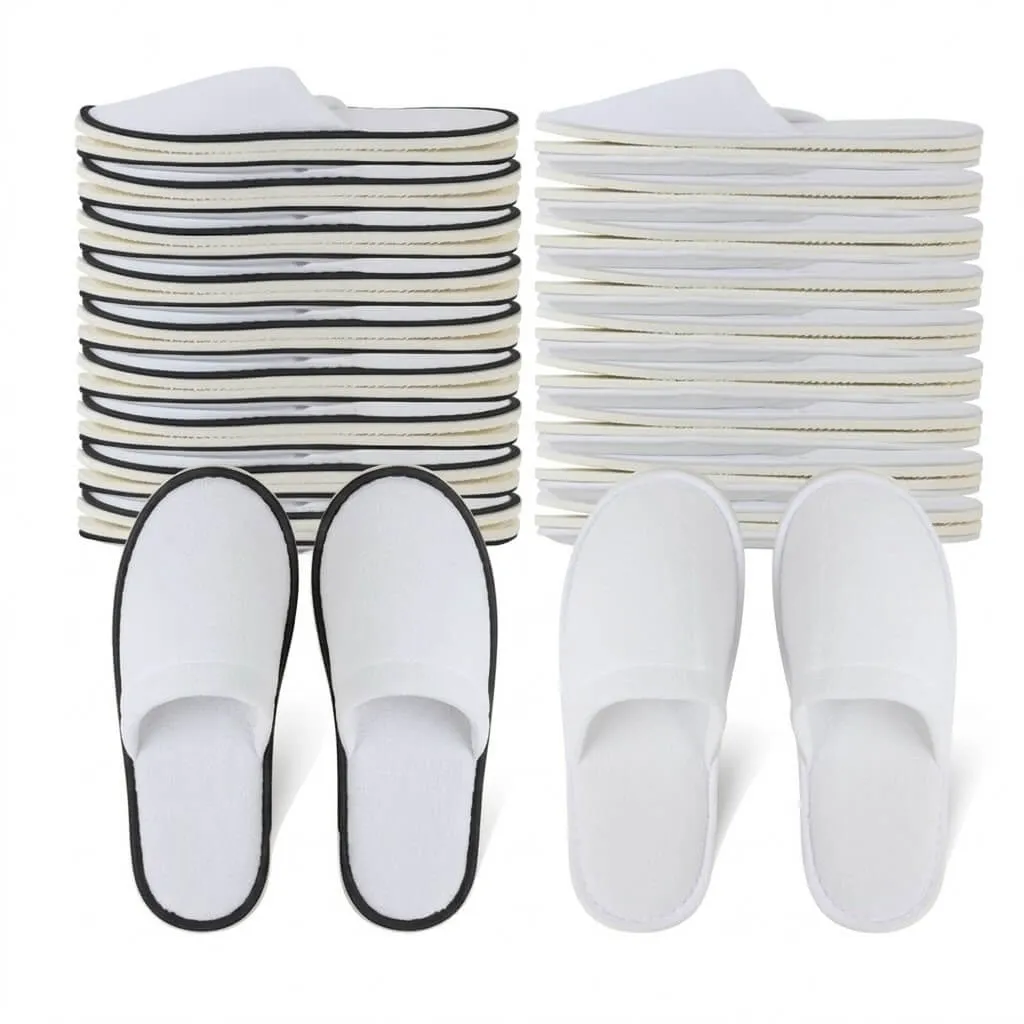 terry hotel and spa slippers front view with clean white terry cloth texture for guest room comfort