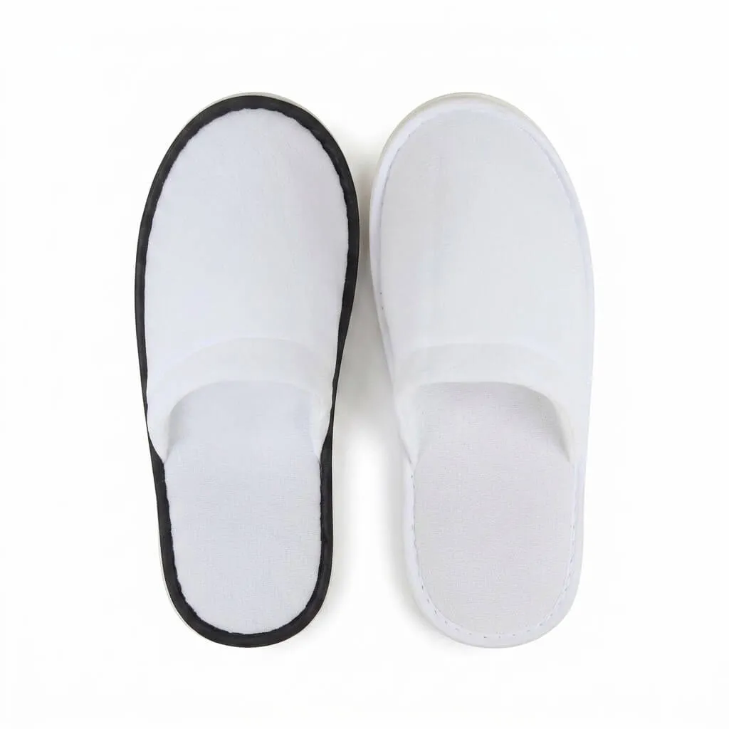 UT-DS1001 White Terry Hotel Spa Slippers Top View terry hotel and spa slippers top view highlighting white terry cloth upper and open entry