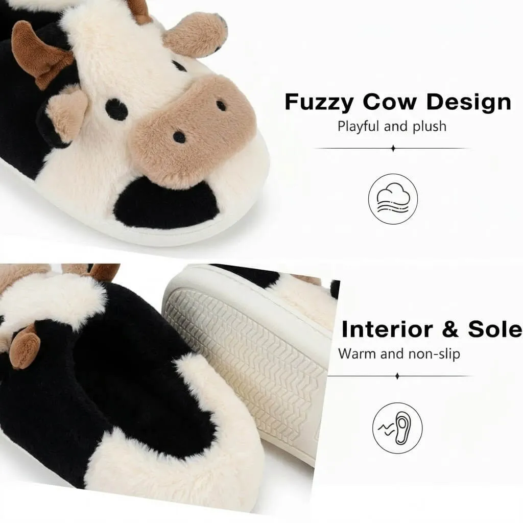plush texture of multicolor 3d animal cow slippers showing soft faux fur fabric and warm lining