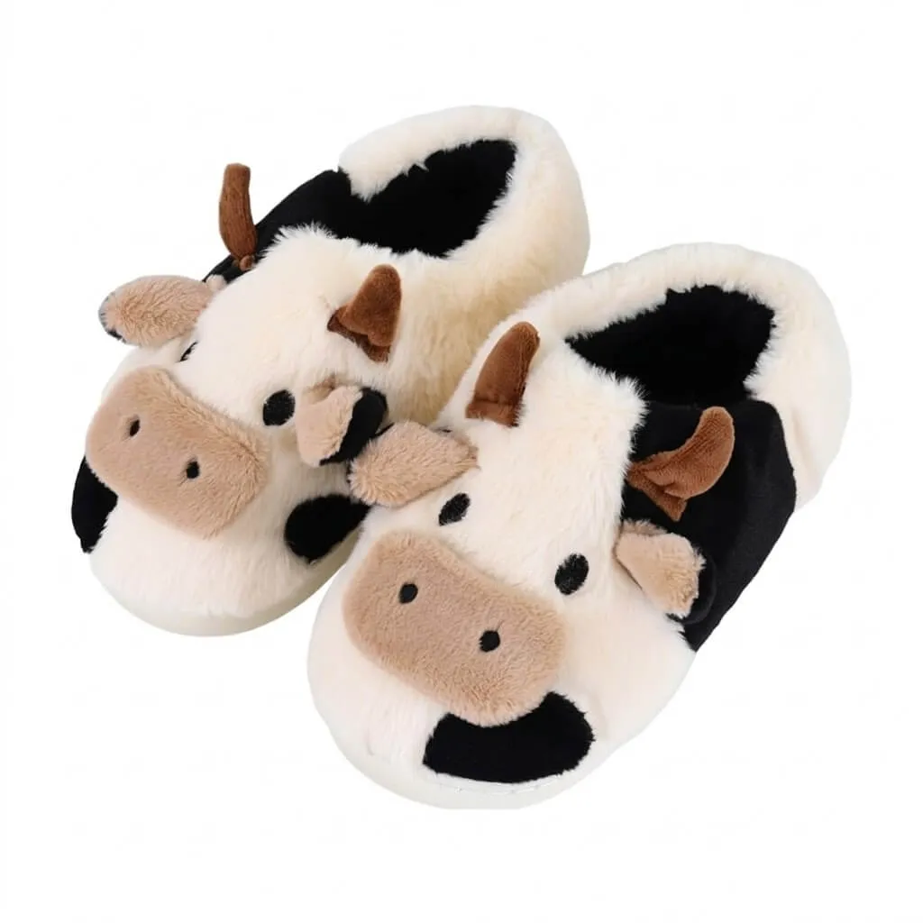 front view of multicolor 3d animal cow slippers with soft plush fabric and playful cartoon shape for indoor comfort