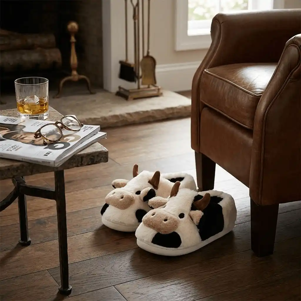 multicolor 3d animal cow slippers placed in cozy living room scene for comfortable indoor wearing