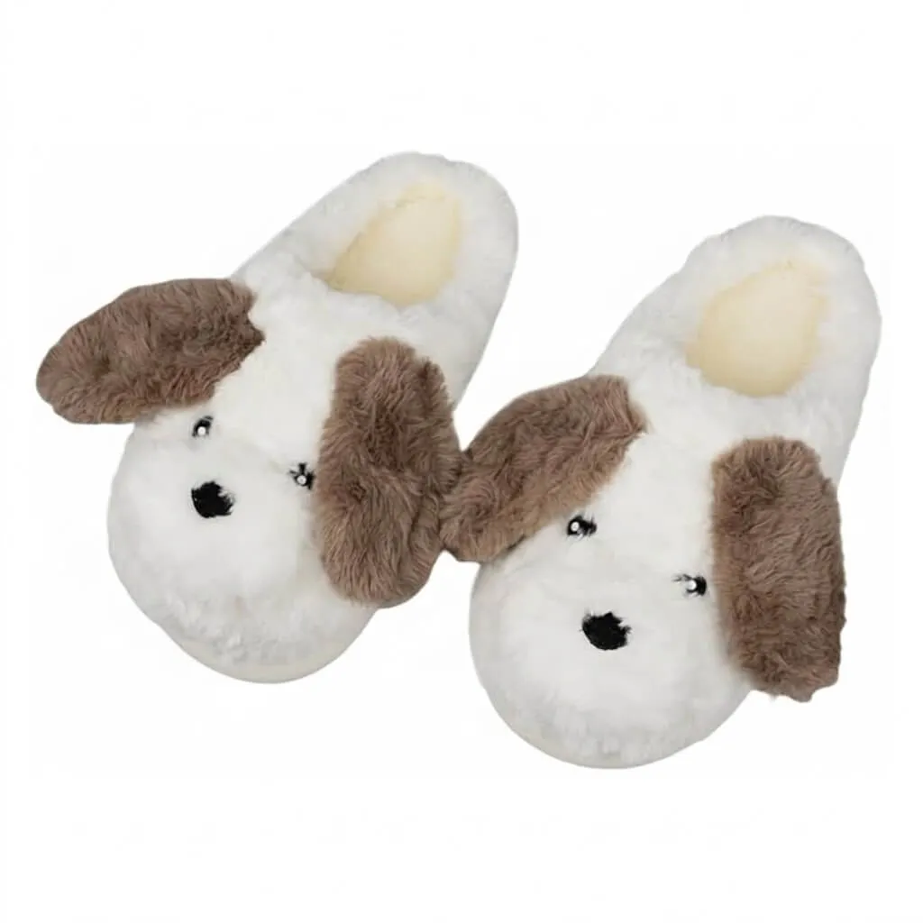 wholesale white puppy slippers front view with soft plush upper and cute puppy design