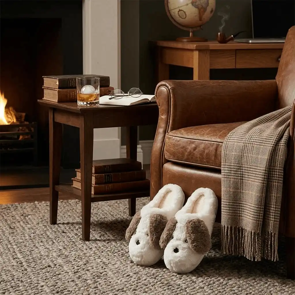 wholesale white puppy slippers displayed in cozy bedroom indoor home environment