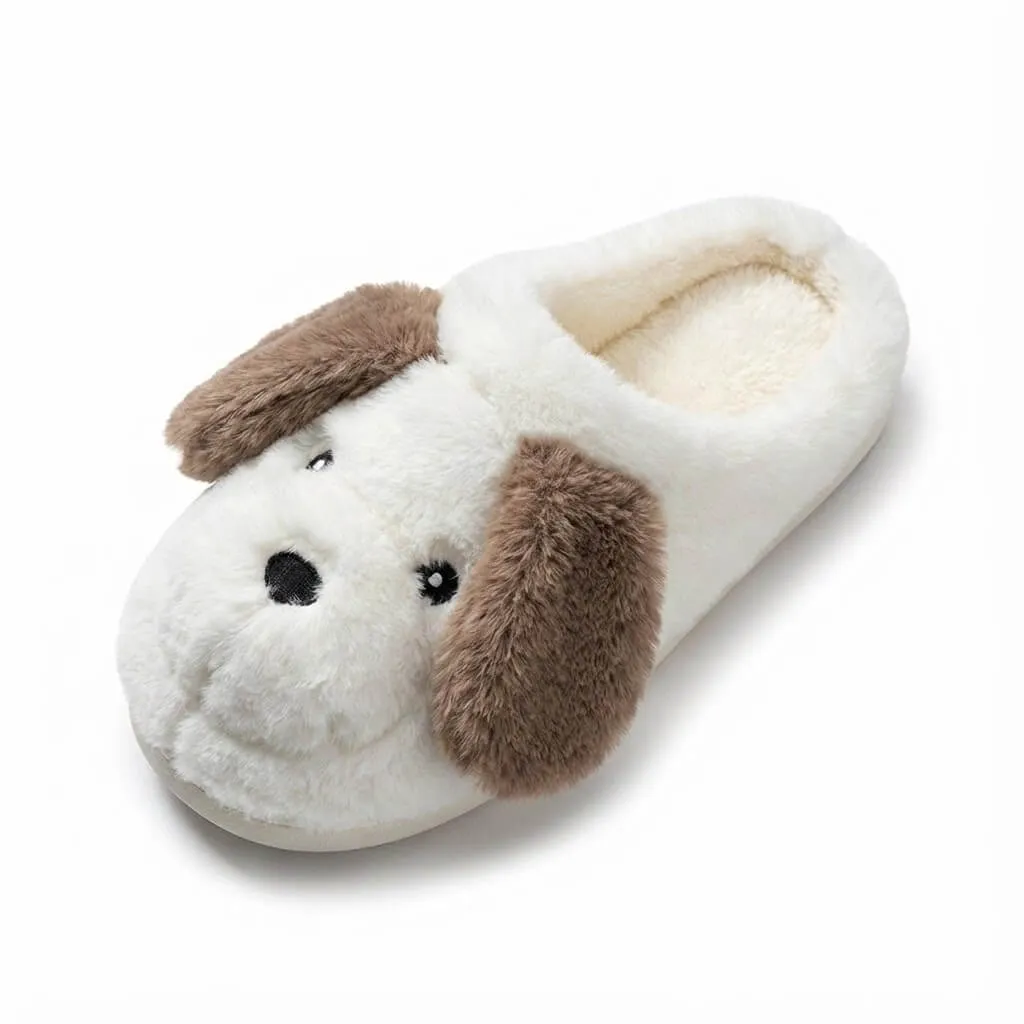 UT-MS1014 Wholesale Men's White Puppy Slippers Side Profile wholesale white puppy slippers side profile showing thick cushioned sole and plush fabric