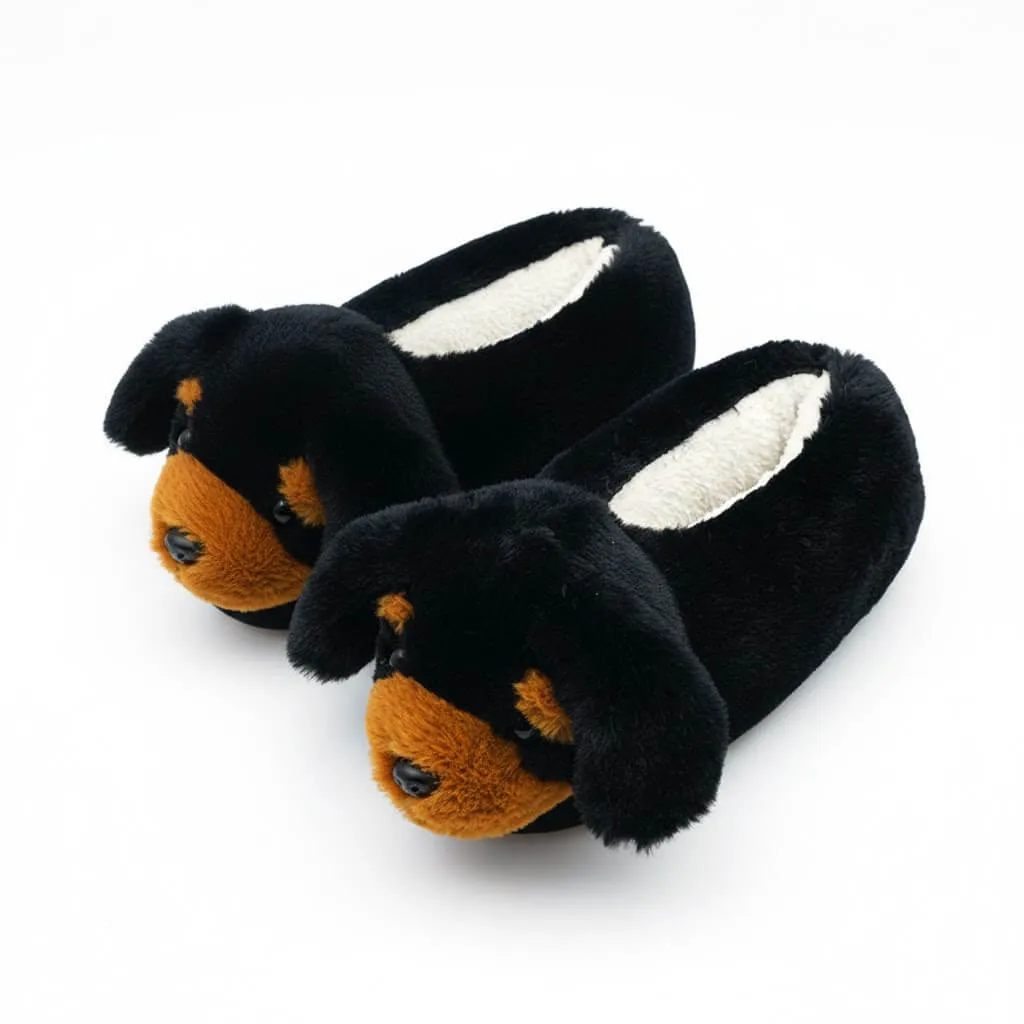 wholesale black rottweiler puppy slippers front view with bold 3D dog character and plush surface