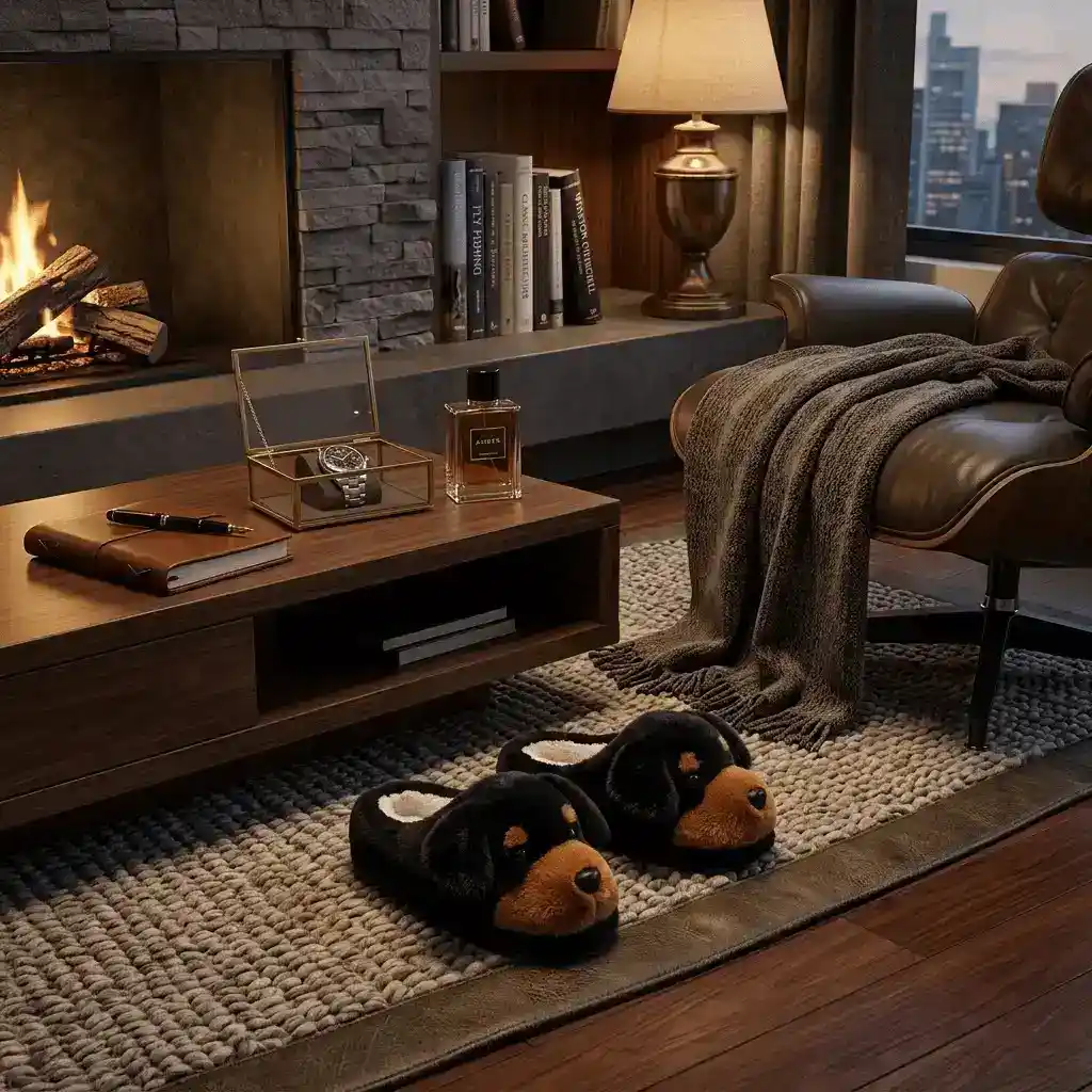 wholesale black rottweiler puppy slippers placed in modern living room indoor setting