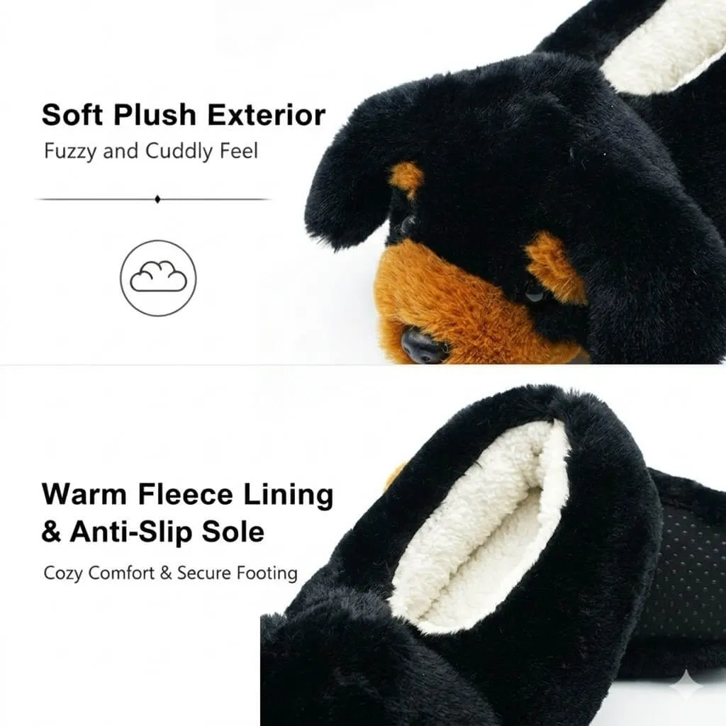 wholesale black rottweiler puppy slippers fabric texture close-up showing fluffy microfiber