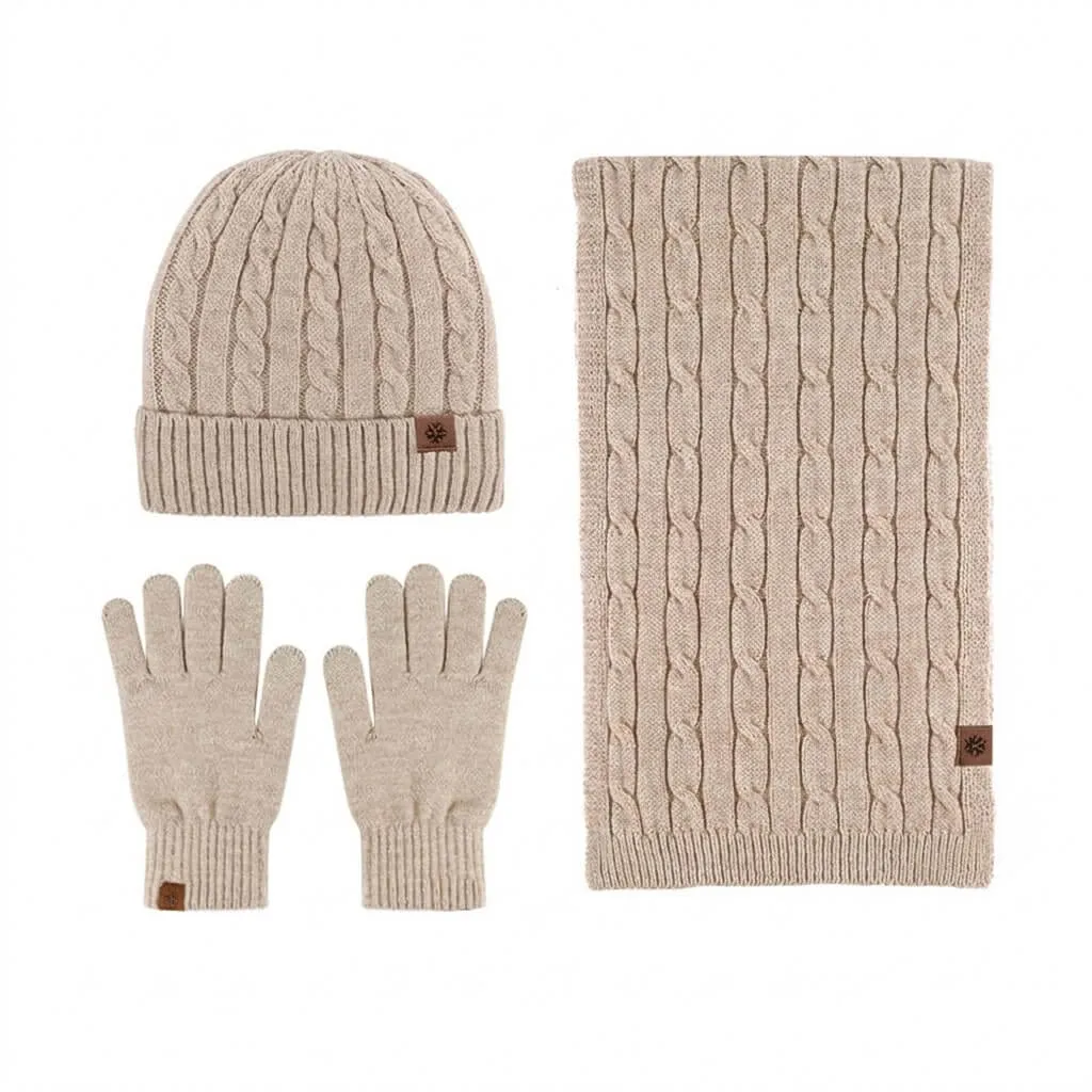 Flat lay of the beige wholesale winter knit accessory sets including a cable knit beanie, matching scarf, and touchscreen gloves.