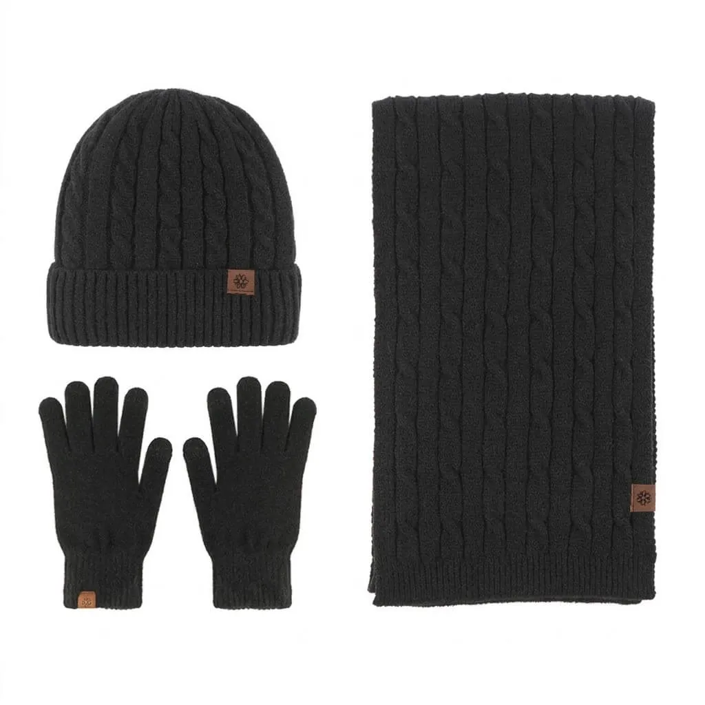Black Wholesale Winter Knit Accessory Sets Flat lay of the black wholesale winter knit accessory sets featuring a warm beanie, winter scarf, and conductive gloves.