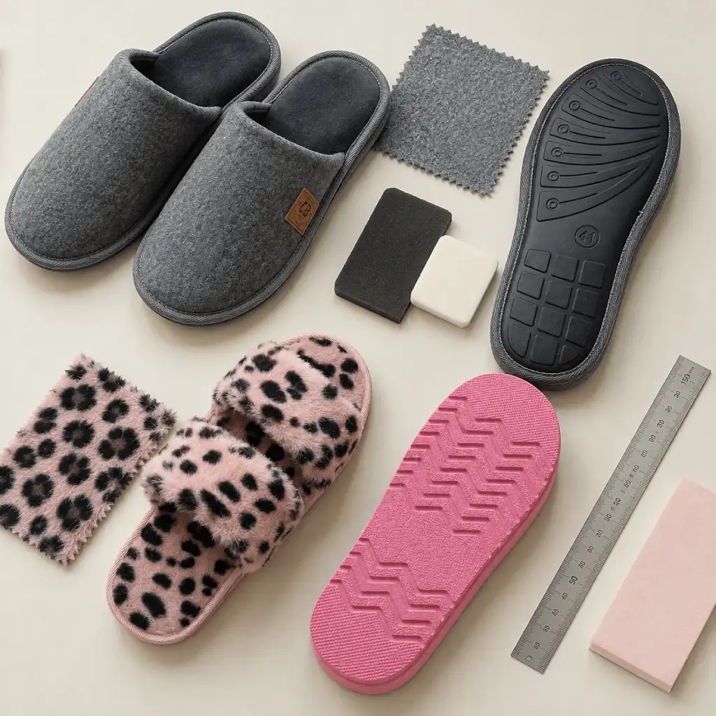 Custom slipper material selection with upper fabric swatches, component samples, outsole options, and finished indoor slippers