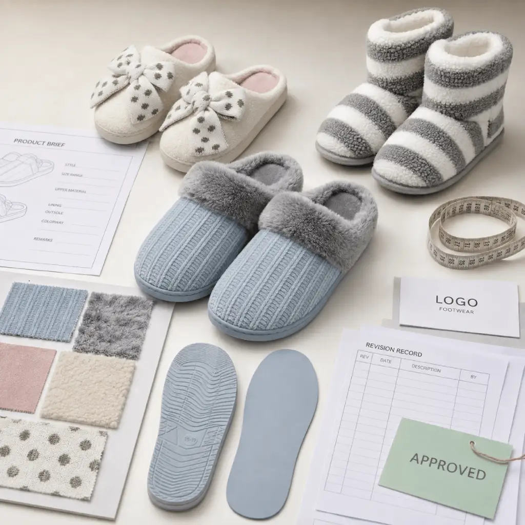 Footwear development process for custom indoor slippers with material swatches, samples, sole components, and approval records