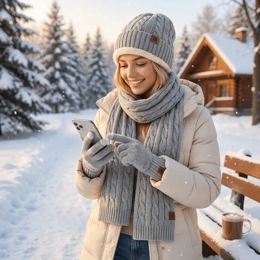 Close up shot of a person wearing grey knit touchscreen winter gloves from the wholesale UT-AS1001 accessory set using a smartphone outdoors.