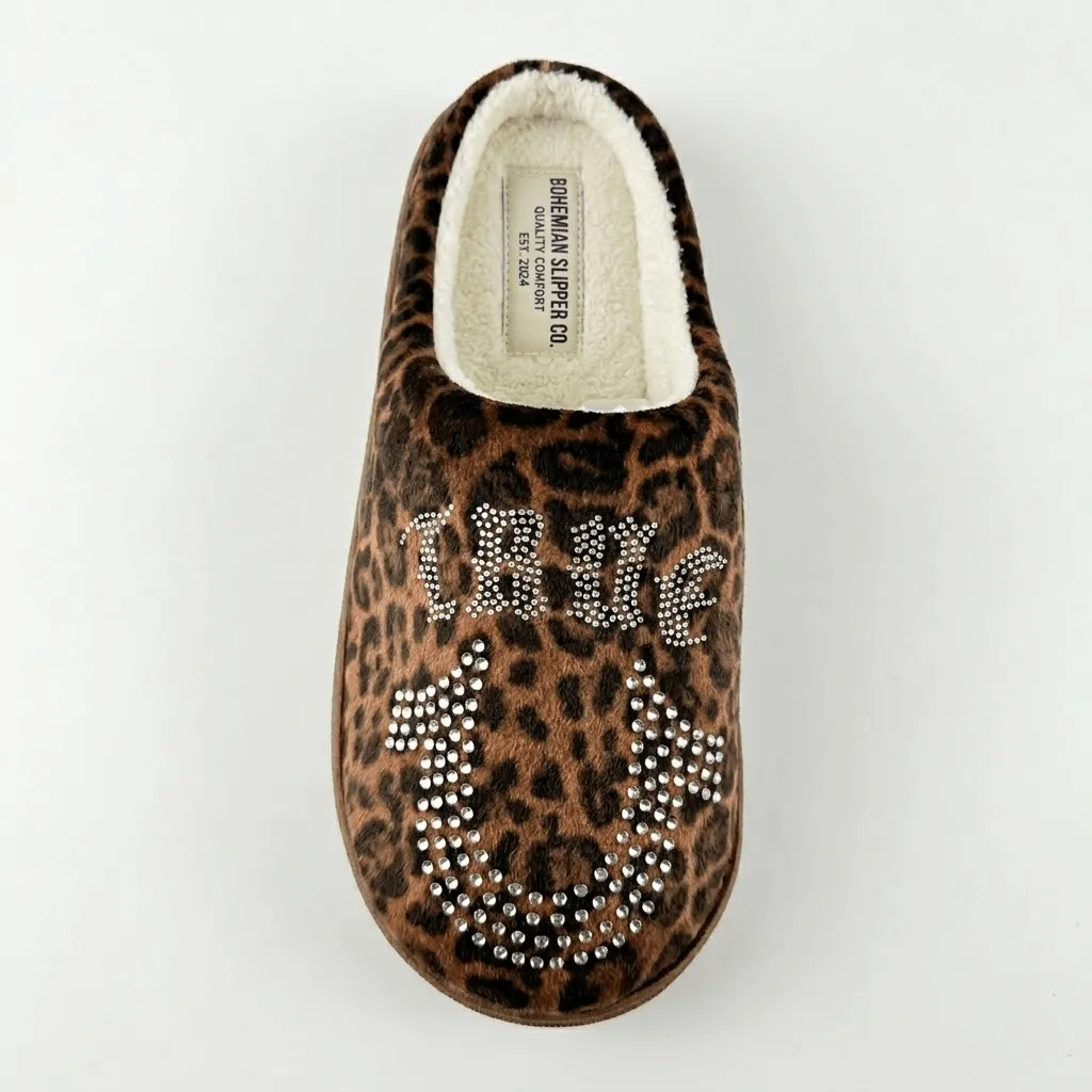 Advanced custom indoor footwear development showcasing leopard print, hot fix rhinestones, and durable side seam construction
