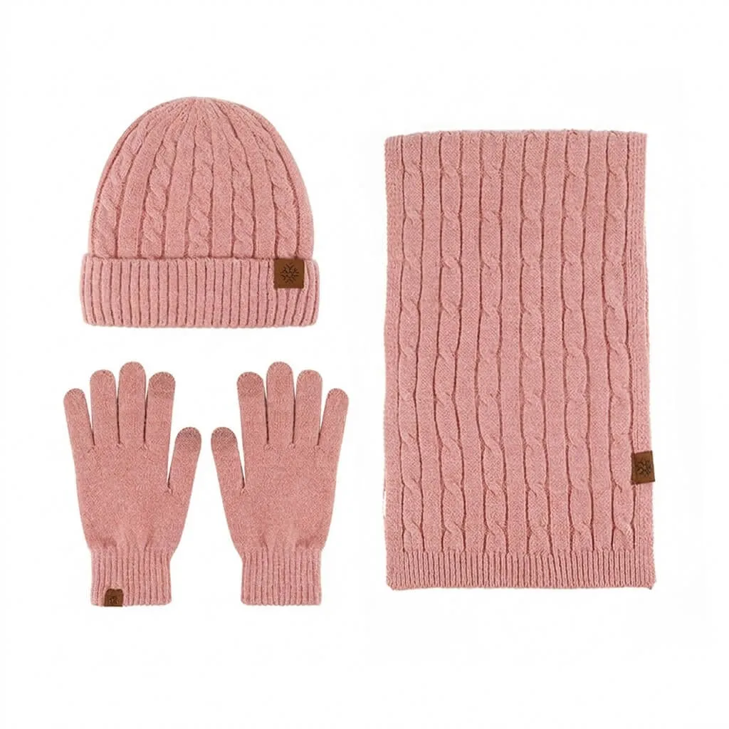 Pink Womens Winter Knit Accessory Sets Flat lay of the pink women's winter knit accessory sets designed for boutique cold weather retail.