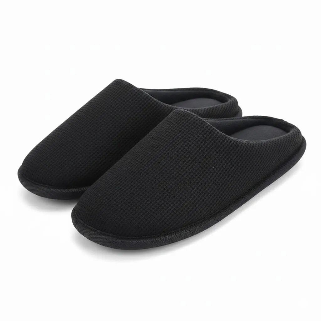 Black Waffle Knit Front View – UT-MS1002 front view black waffle knit slippers Waffle Knit Open Back Slippers UT-MS1002