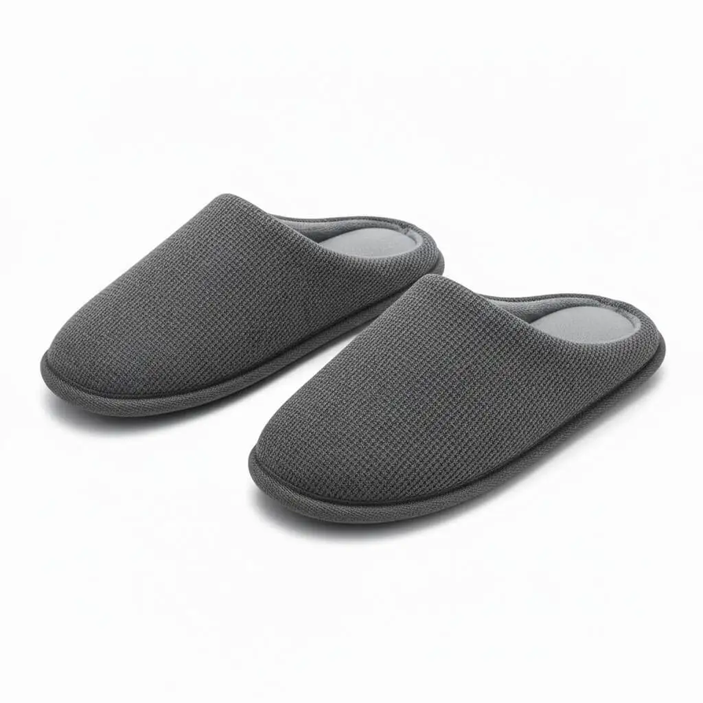 Grey Waffle Knit Front View – UT-MS1002 front view grey waffle knit slippers Waffle Knit Open Back Slippers UT-MS1002