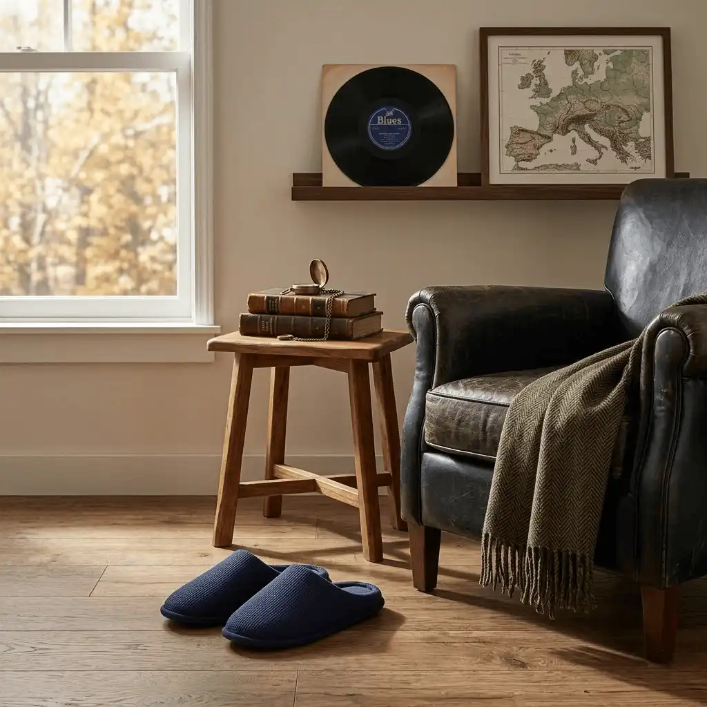 man wearing navy slippers at home Waffle Knit Open Back Slippers