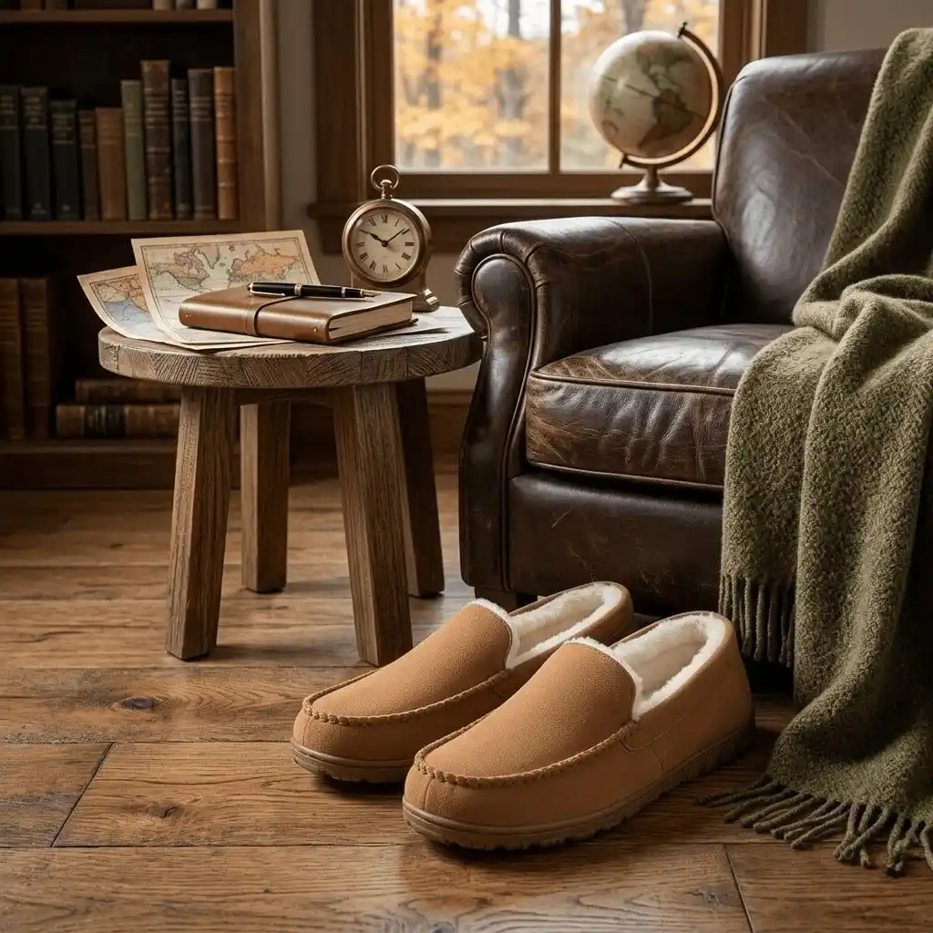 man wearing brown slippers sofa Micro Suede Closed Back Slippers